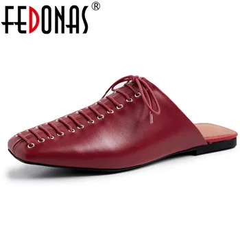 

FEDONAS New Arrival Women Flats Heels Square Toe Party Wedding Shoes Woman Rome Style Mules Shoes Genuine Leather Flats Loafters