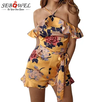 

SEBOWEL Sexy Halter Print Backless Ruffled Ties Women's Playsuit 2020 Summer Flower Pattern Female Short Jumpsuit with Sashes