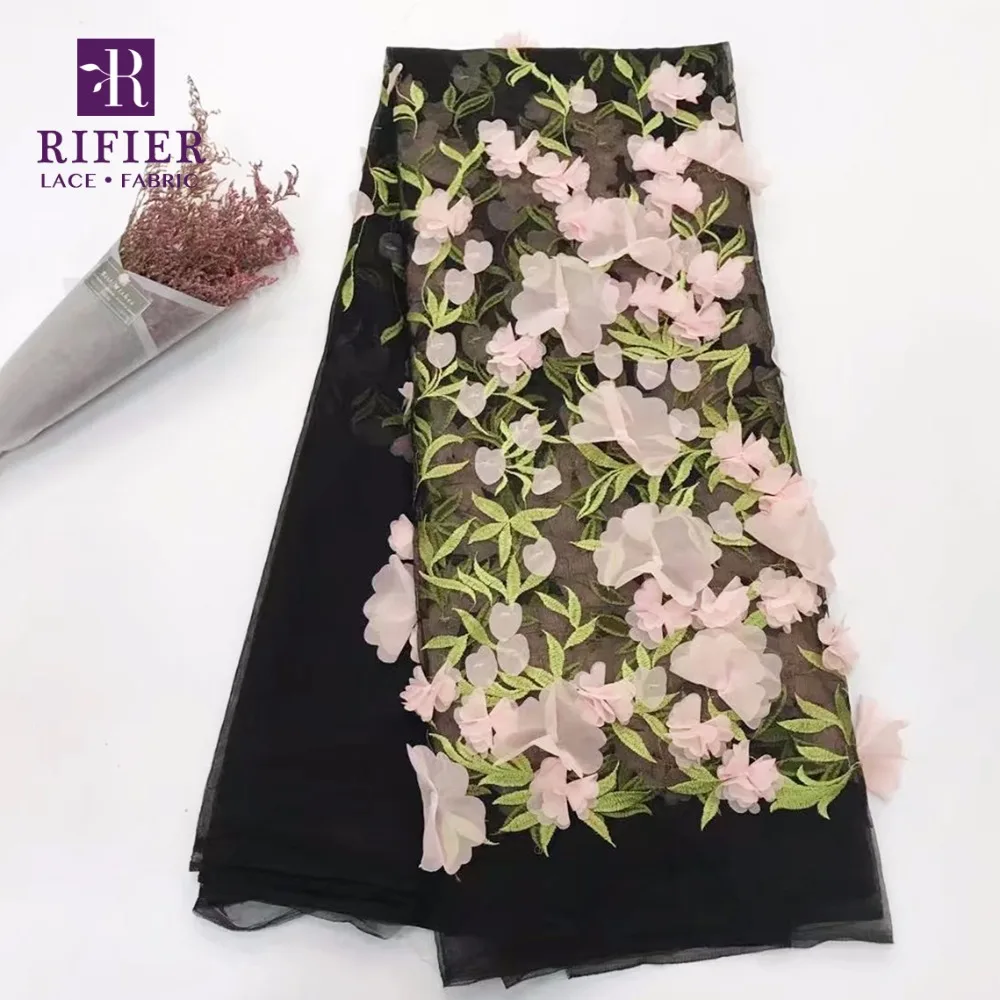 Balck Color Net African Lace Fabric With 3D Flower Embroidery Guipure Laces 2018 Nigerian Style Tulle Mesh Wedding Fabrics | Дом и сад