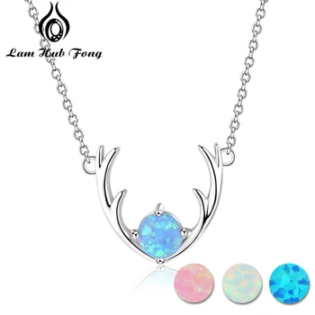 

925 Sterling Silver Fine Jewelry Elk Deer Antlers Shape Necklace With Blue Opal Necklaces & Pendants For Women (Lam Hub Fong)