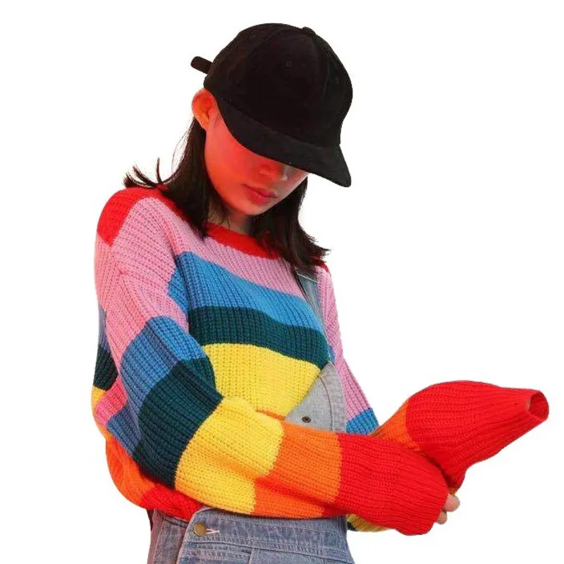 

Women Rainbow Striped Pullover Sweaters 2018 Winter And Autumn O-Neck Loose Oversizd Knit Jumpers Fashion Colorful Outerwear
