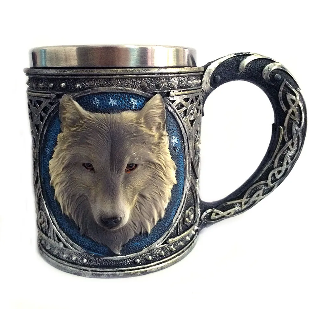 

3D Wolf Head Mug Retro Wolf King Stainless Steel Drinking Cup Creative Resin Lining Tea Beer Coffee Mug Gift #10T