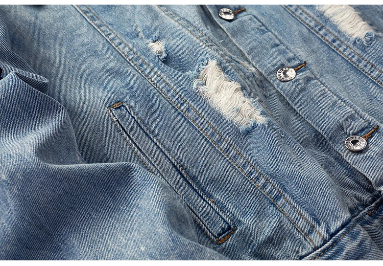 Sokotoo Для мужчин модный буквы джинсовая куртка с вышивкой Свободные отверстия рваные и потёртые джинсовая куртка верхняя одежда