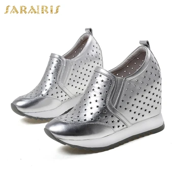

SARAIRIS 2018 Large Size 32-40 Cow Leather Vulcanize Shoes Woman New Hot Sale Platform Casual Increasing Heels Woman Shoes