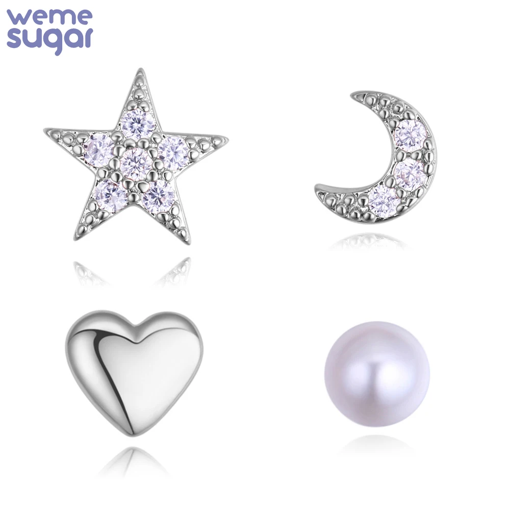

WeMe Star Moon Asymmetric Earring Stud S925 Silver Needle Handmade Zircon Pearl Love Earring Jewelry Accessories 2 Pairs/Set