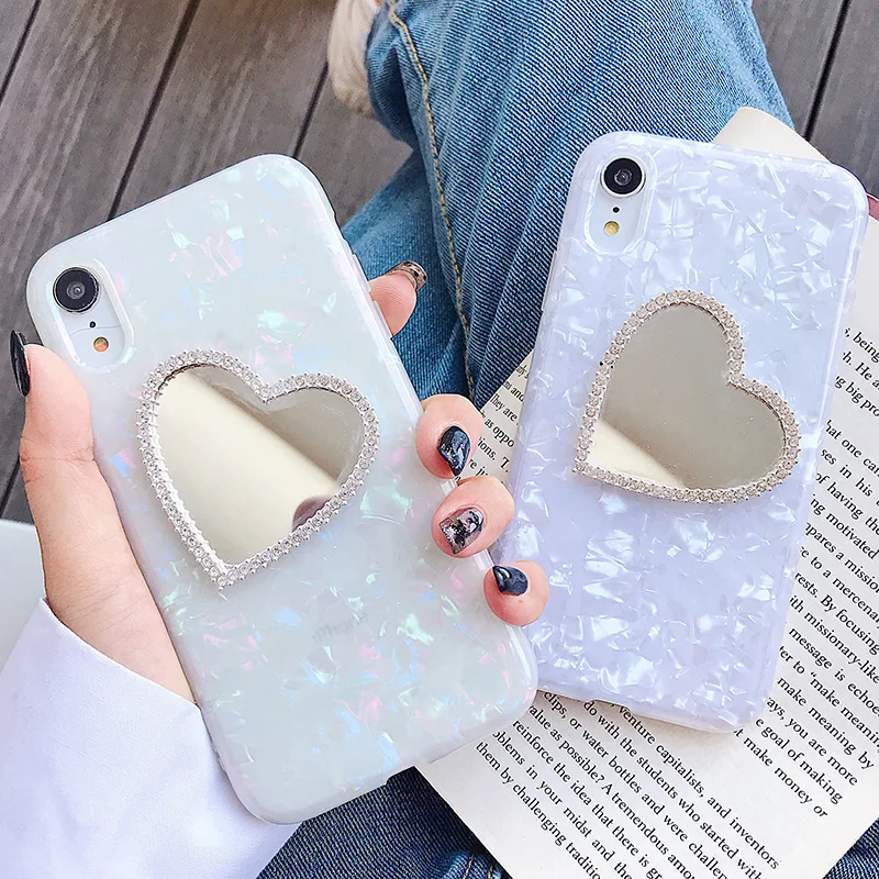 

Fashion Conch Dream Shell Phone Case For Iphone XR XS X 8 6 6S Plus 7 7 Plus Xs Max Bling Diamond Love Heart Mirror Cover Cases