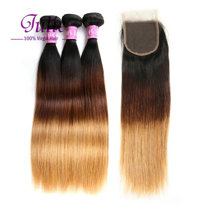 Top 7a 3 Tone Brazilian Straight Ombre Hair With Lace Closure,Yolissa Brazilian Hair Extensions With Free Part Closure 1b/4/27