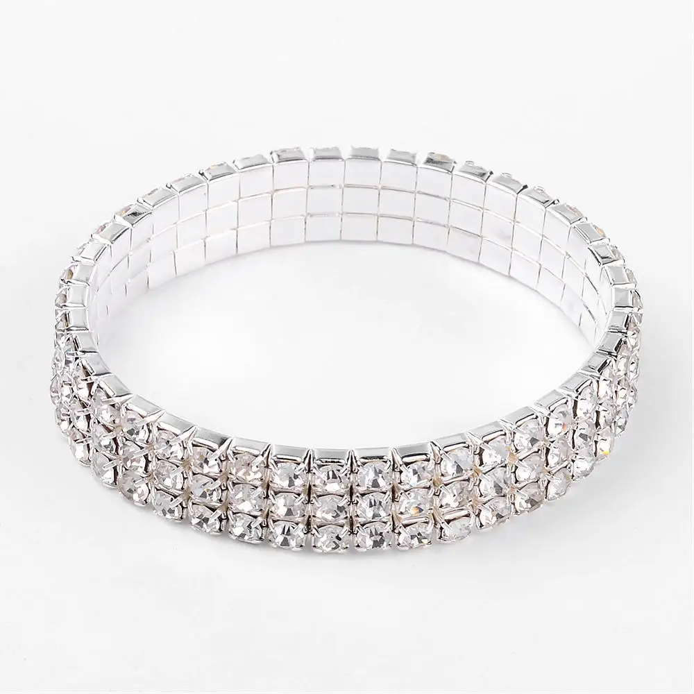 3 Rows Vintage Luxury Exquisite Rhinestone Shining Silver Elastic Bracelet Woman Wedding Jewelry