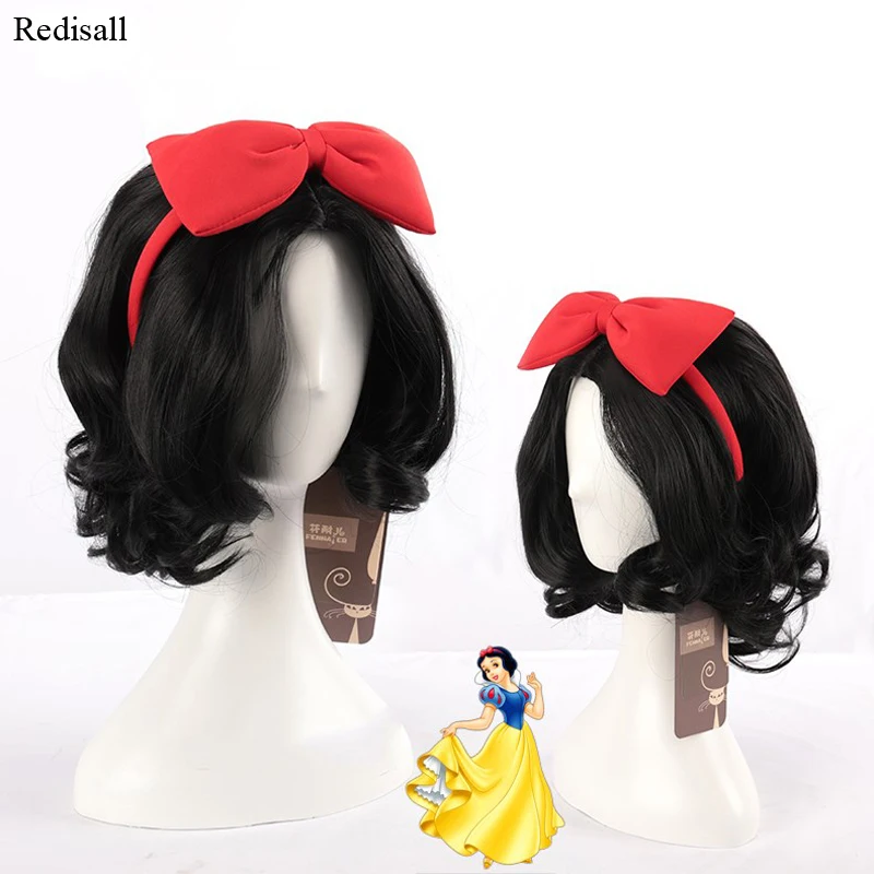 Белоснежка косплей волос с большой шпилька для волос с бантом Хэллоуин косплей синтетические волосы реальные фотографии бесплатно парик принцесса косплей