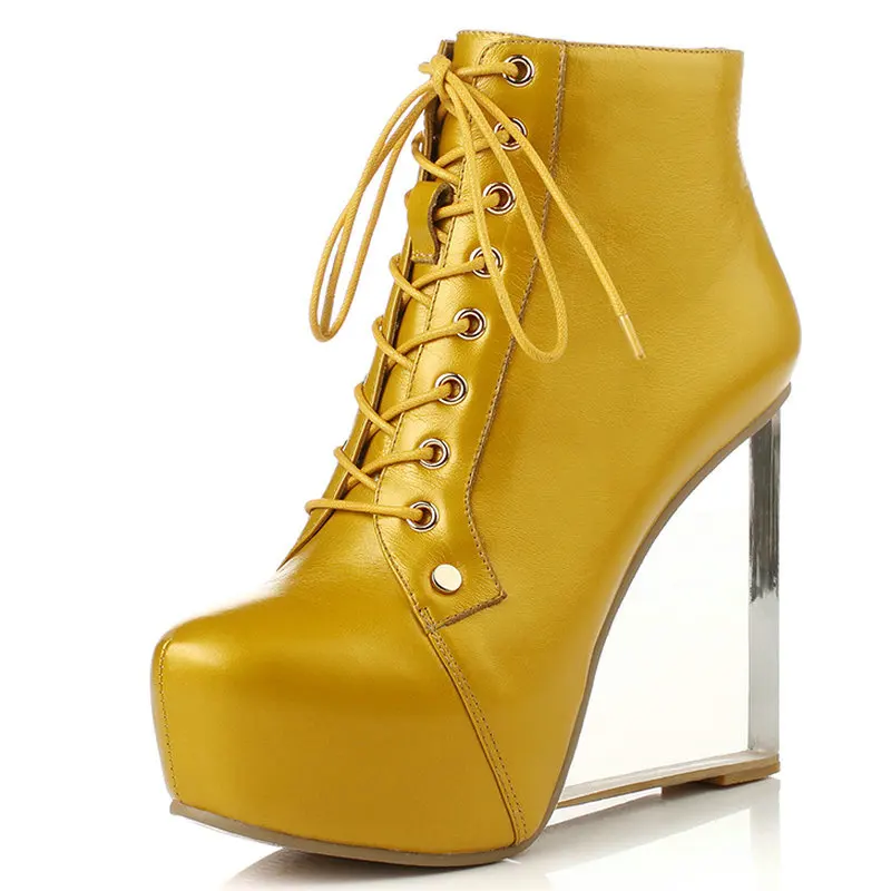 

Pink Yellow Clear Wedge Heel Ankle Boots Women Genuine Leather Lace Up Short Boots Ladies Platform High Heel Winter Party Shoes