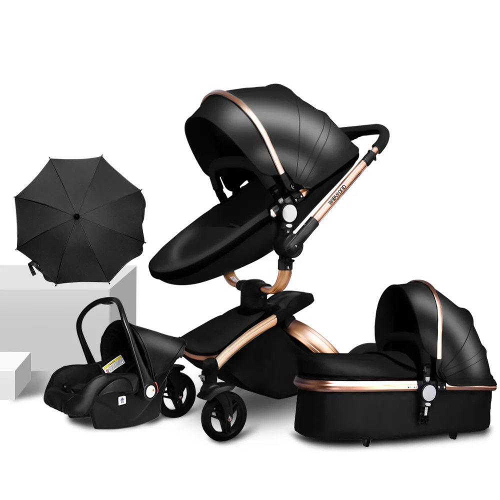 Gold frame Black3in1 CE безопасные детские коляски 3 в 1 высокое качество PU детская коляска 0-36 месяцев использование Высокое качество кожа babyfond коляска 2in 1 - Цвет: Gold frame Black3in1