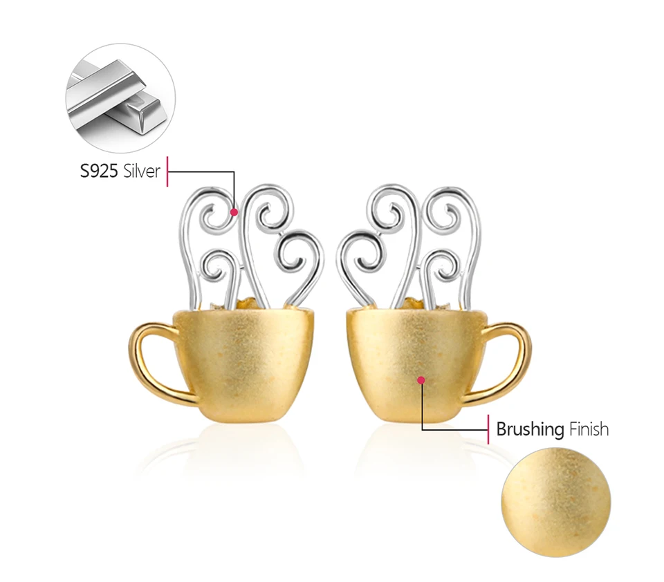 Muduh Collection Real 925 Sterling Silver Natural Creative Handmade Fine Jewelry Hot Coffee Cup Fashion Stud Earrings for Women Brincos