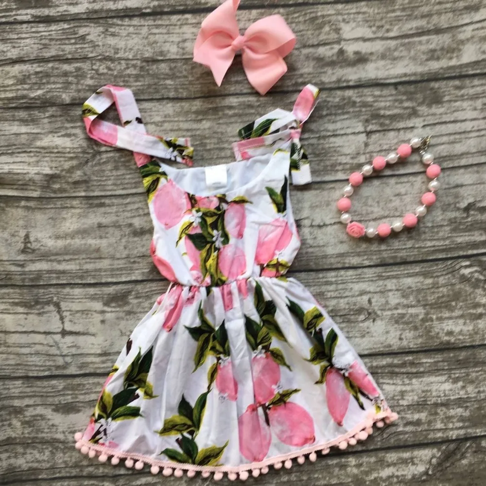 New arrival bé gái quần áo mùa hè lemon in màu hồng 2 cách mặc niềng răng ăn mặc không tay dệt cotton mtaching bow boutique