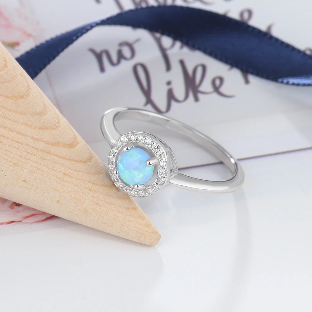9mm Round Blue Opal Stone Wedding Ring Soild 925 Sterling Silver Jewelry Accessorise Rings For Women Gift (JewelOra RI103299)