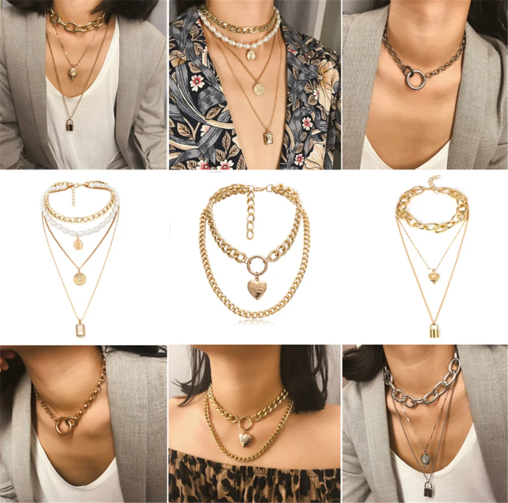 

Punk Miami Cuban Choker Necklace Multi-layer Cool Lock Neck Collar Slave Game Pet Heart-Shape Padlock Metal Choker Necklace