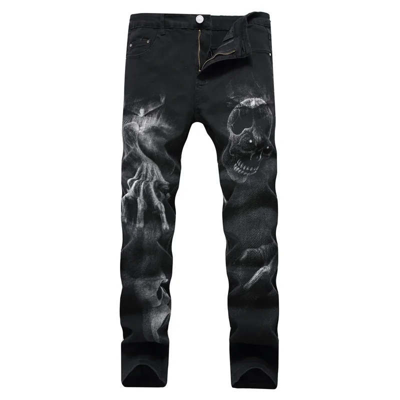 Мужские джинсы байкерские модные хип-хоп брюки Волчья краска прямые джинсы для мужские брюки из денима черные ретро мужские уличные - Цвет: Black skull print