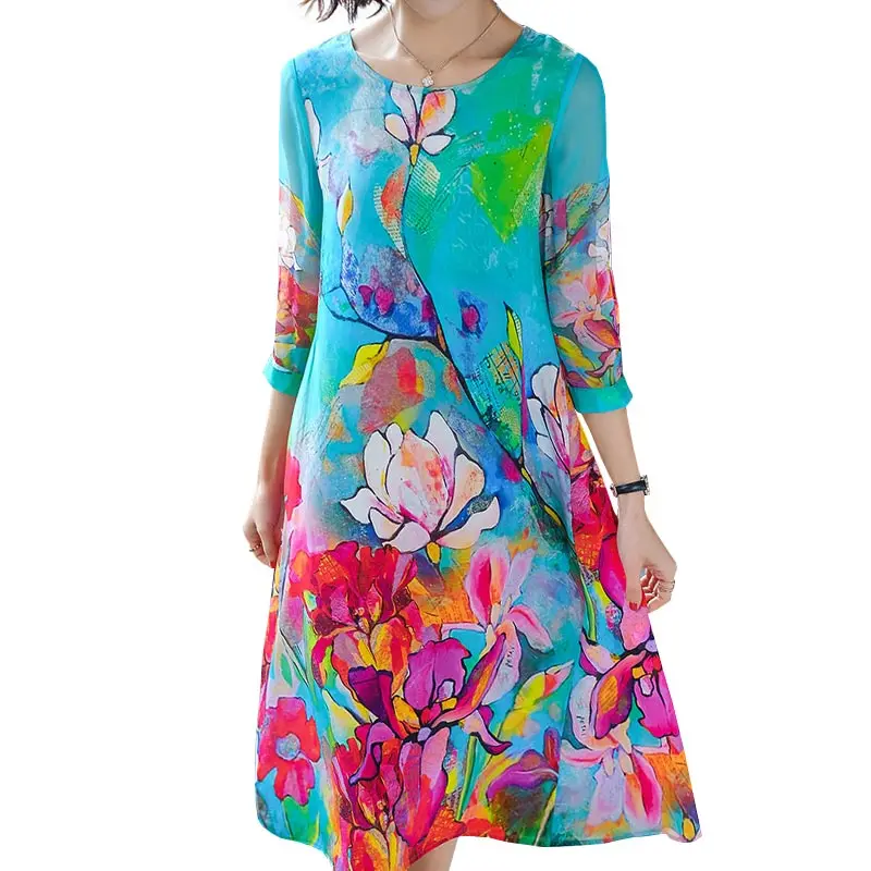 

Summer Clothes For Women 2019 New Plus Size Imitate Real Silk Fashion Print Casual Dress Elegant Vintage Printing Vestidos HJ265