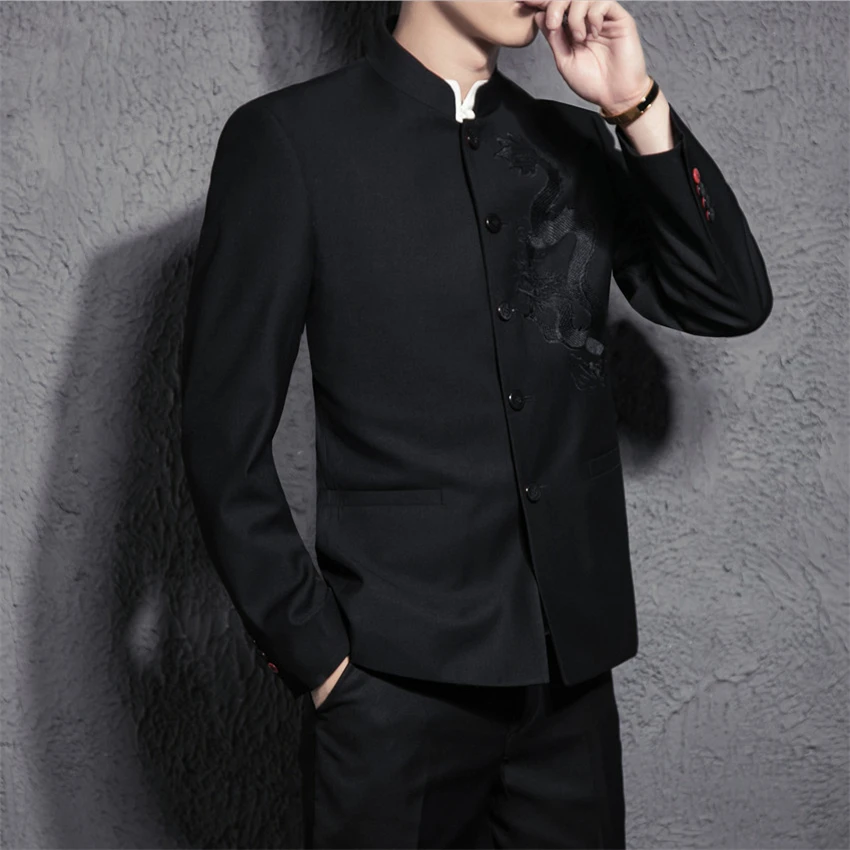 Китайский стиль мужской черный костюм комплект из двух предметов Модный классический дизайн вышивка мужской костюм куртки и брюки размер S-3XL