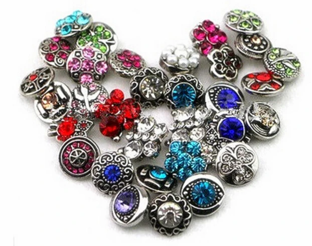 

fation high quality 50pcs/lot new hot sale mix styles shaped rhinestone 12mm snap button fit ginger snap cow leather bracelet