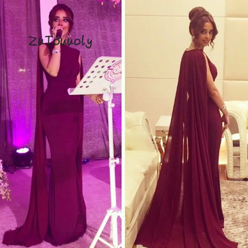 

Dubai Arabic Burgundy Evening Dress With Cape Elegant Middle East Mermaid Prom Gowns 2019 Muslim Red Carpet Party Gowns Cheap
