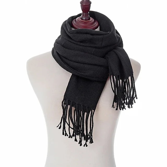 RUINPOP зимний женский шарф длинный шарф с кисточками чистый цвет мягкий теплый шарф шарфы женские модные зимние вязаные шали - Цвет: Black
