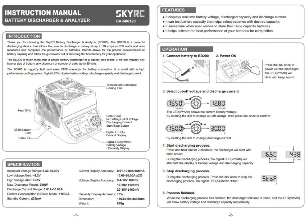 SKYRC BD200 Батарея разрядник и анализатор 200W 30A 5,4 В-35 В Батарея тестер нагрузки постоянного Мощность постоянного тока с тестером емкости