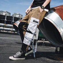 Японские мужские брюки карго с большими карманами, Цветные Лоскутные повседневные штаны в стиле хип-хоп, уличная одежда, мужские брюки для бега