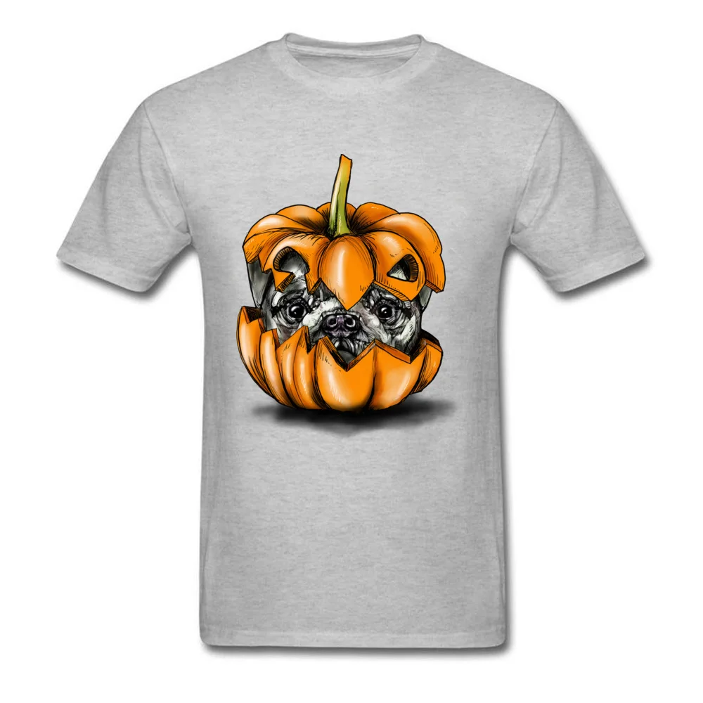 Halloween Pumpkin Pug Casual T Shirt for Students 100% Cotton Fabric Fall Round Collar Tshirts Classic Tops Shirts New Arrival Halloween Pumpkin Pug grey