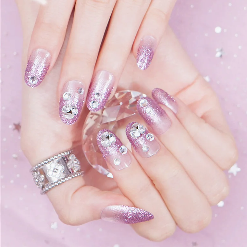 

24pcs Shiny Paillette Diamond Fantasy Artificial Nail Patches For Bride Glitter Fake Nail Tips With Back Sticker Manicure Tool