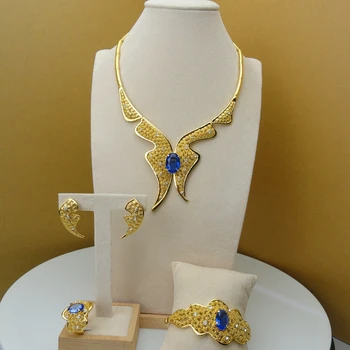 

Christmas Gift Dubai Costume Jewelry 24K Gold Color plated Bowknot Design Jewellry Sets Blue Rhinestone FHK5884