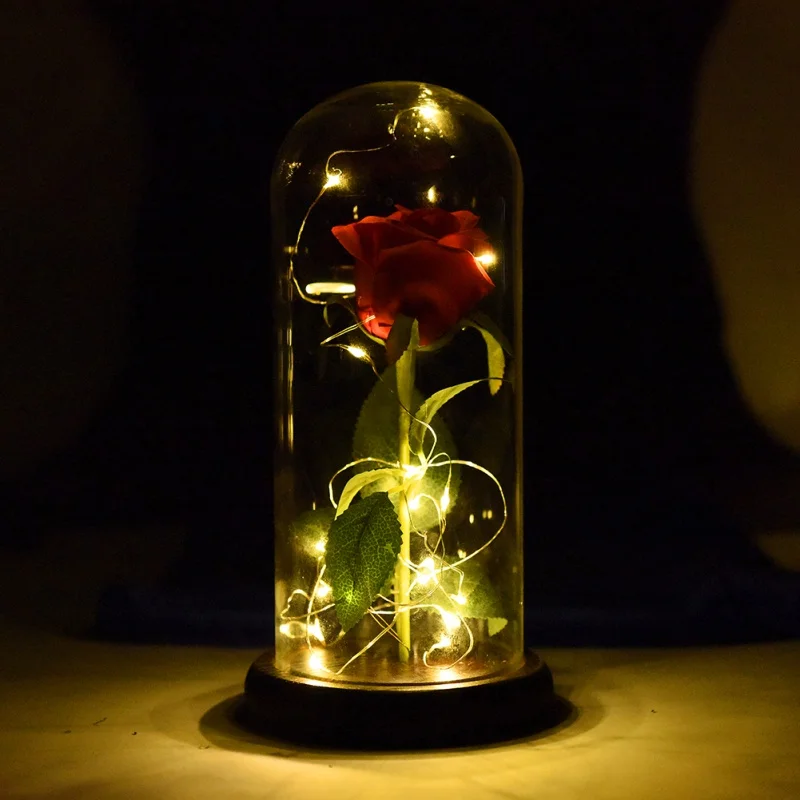 Роза в фляге Красавица и Чудовище позолоченный красная роза с светодиодный светильник в стеклянном куполе для свадебной вечеринки подарок на день матери
