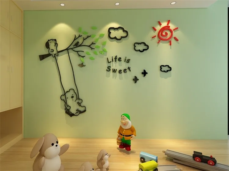 Акриловые 3D настенные наклейки с изображением медведя для детской комнаты, детская комната, ТВ-фон, сделай сам, художественный Настенный декор, Мультяшные наклейки для гостиной