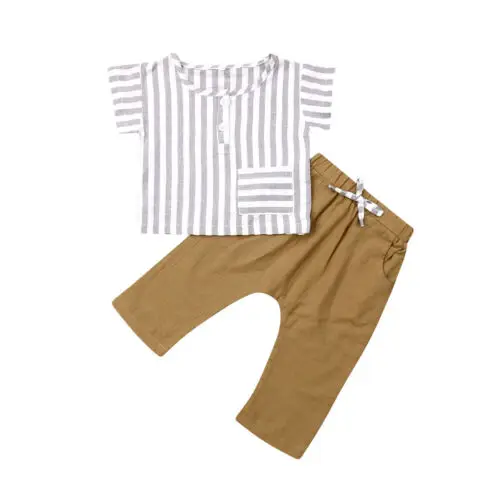 

Summer Toddler Ramie Cotton Fabric vertical stripes Kids Baby Boy Tops T-shirt+Pants Casual Outfit 2PCS Clothes 9M-3Y