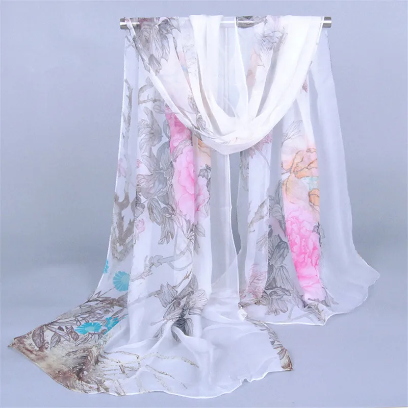 Шифоновый шелковый шарф женский летний осенний Универсальный платок длинный цветочный принт пончо и накидки парео пляжные шарфы банданы