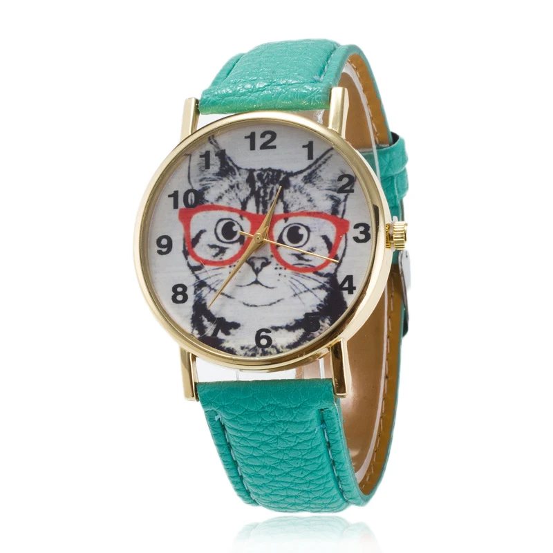 Fashion Womens Ladies Dial Watch Cute Lovely Cat Pattern Casual Faux Leather Band Quartz Analog Dress Students Wrist Watch Clock