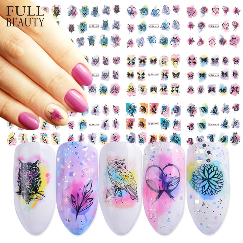 

12 Design Watercolor Nail Sticker Decals DIY Owl Feather Flower Slider Tattoos Manicure Wraps for Nail Art Decoration BN409-1200