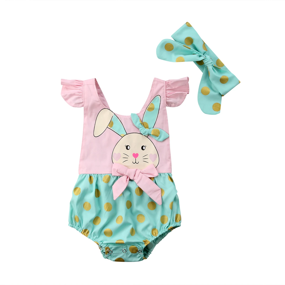 2 шт Модная одежда для детей, Детская мода девушки золото точка кролика для маленьких детский комбинезон с повязкой-бантом пасхальные наряды Одежда 0-24 M - Цвет: Bunny