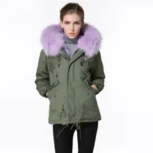 Фиолетовая женская зимняя куртка с густым мехом, меховая парка, мех для девушек с бусинами, куртка с капюшоном армейско-зеленого цвета, MR Wear