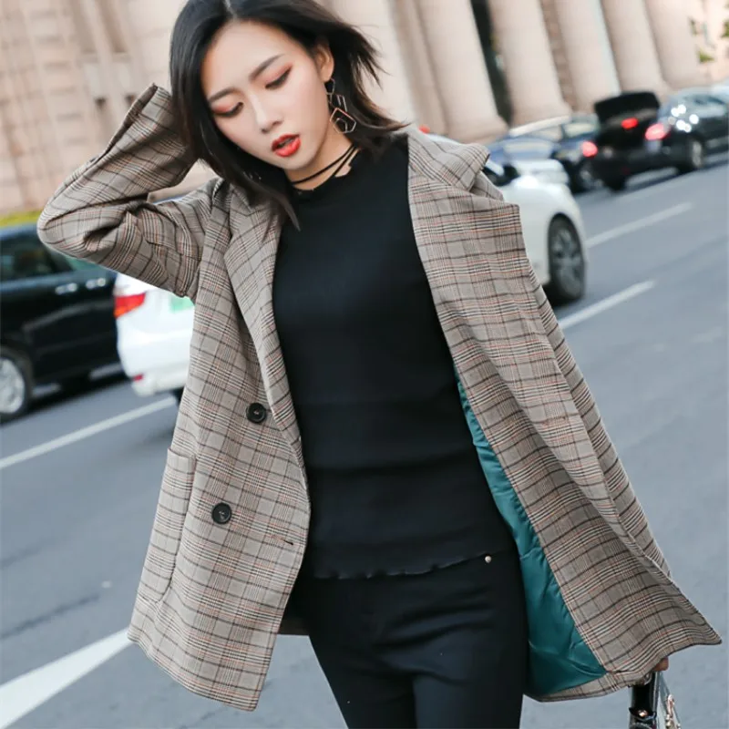 plaid small suit jacket 2018 spring and autumn women's double-breasted plaid jacket casual long-sleeved suit design jacket