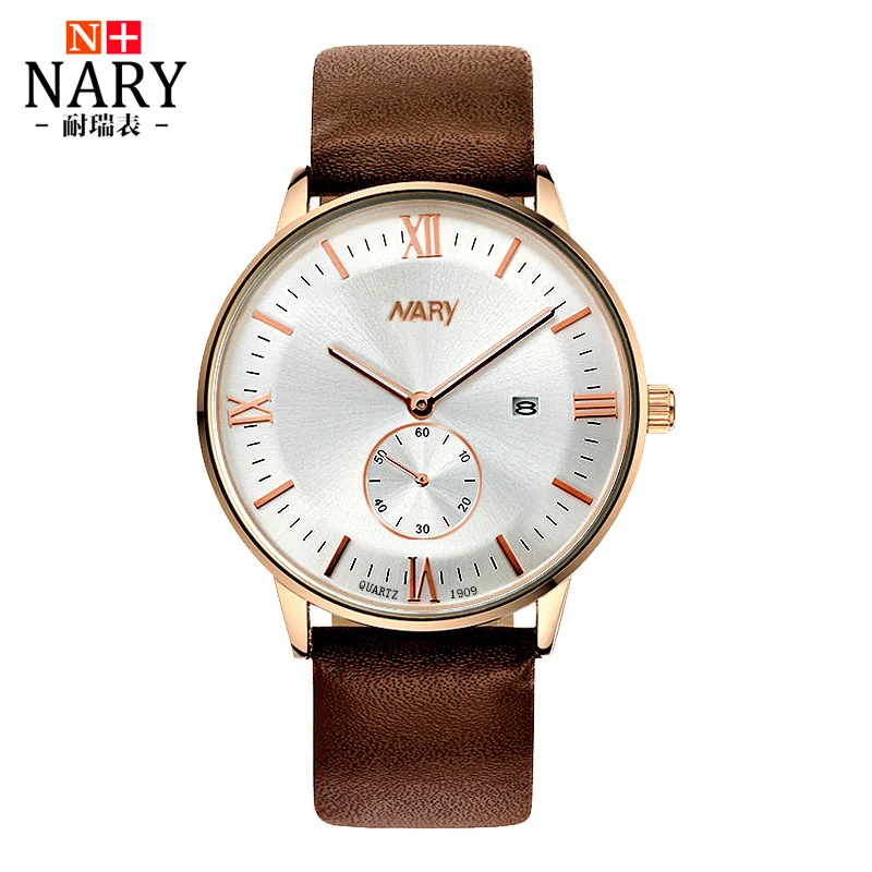 NARY Brand Fashion Men Watch Genuine Leather Strap Luminous hands WristWatch Retro Roman numerals Quartz Watch