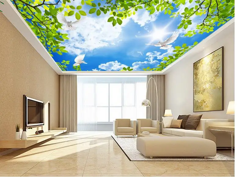Us 16 8 58 Off 3d Wallpaper Nature Sunny Blue Sky Pigeons Leafy Vines Ceiling Wallpapers For Living Room Mural 3d Wallpaper Ceiling In Wallpapers