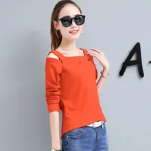 Топы с открытыми плечами, футболки, Осенние Топы для женщин, футболка с разрезом, Женская Корейская одежда, футболка с длинными рукавами, женские футболки Mujer