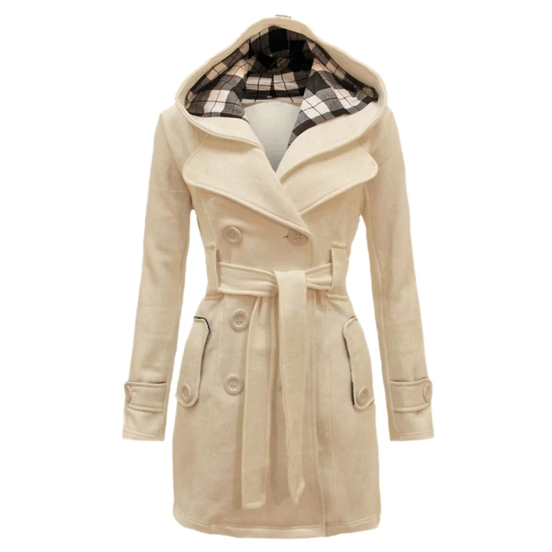 

KSOL Women's Military Button Hooded Fleece Belted Jacket (Cream, XL)