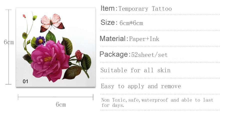 Bittb 52 шт. цветок Роза бабочка временные татуировки переводные поддельные татуировки наклейка Сексуальная боди-арт для девушек женщин
