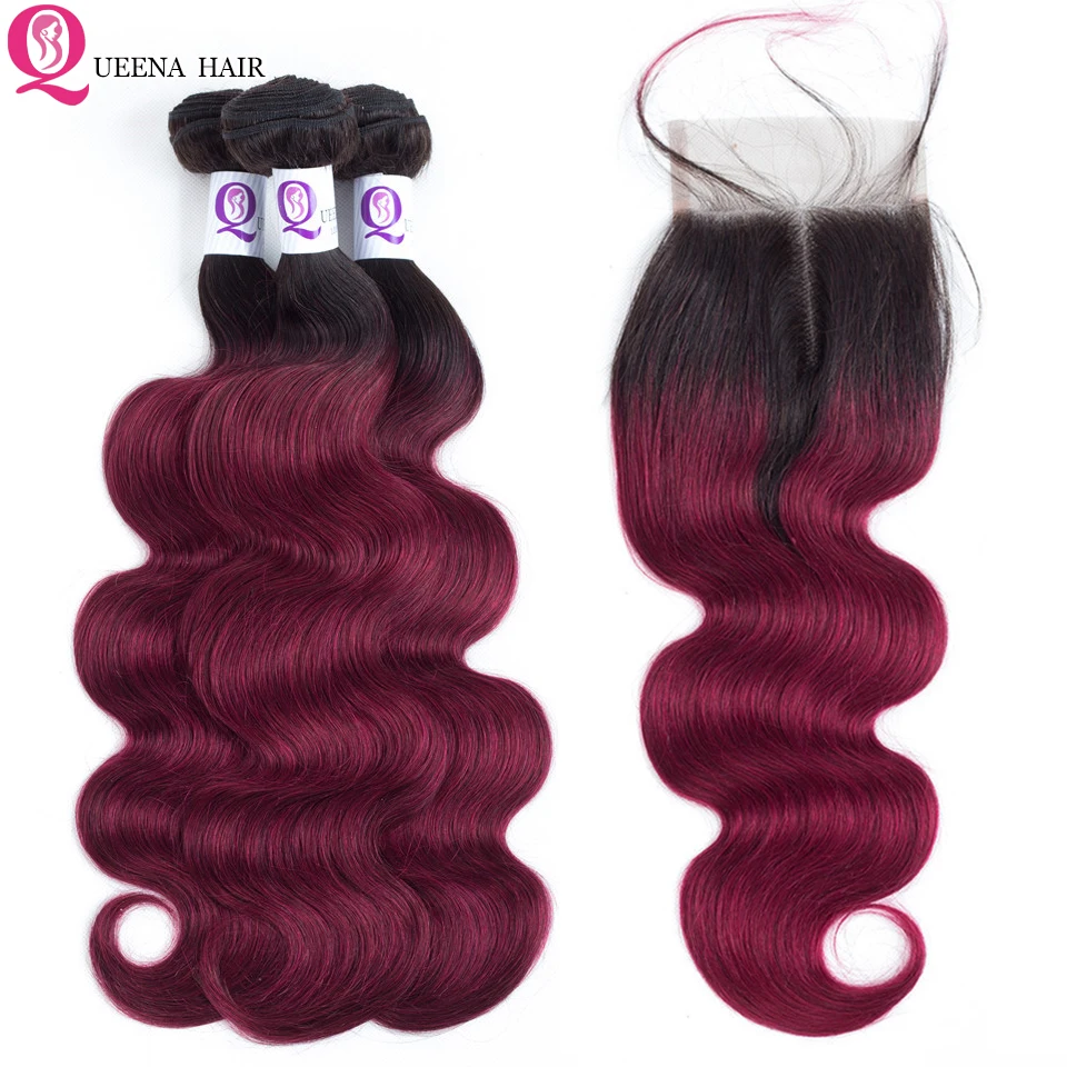 

Pre dyed Ombre 1B Burgundy Bundles With 4X4 Lace Closure Body Wave Malaysian Human Hair Weave 3 Bundles With Closure Baby Hair