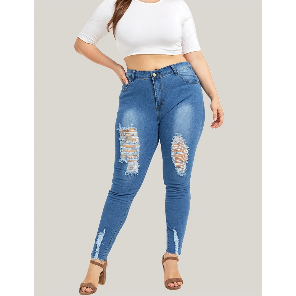 

Jeans Woman Casual Button High Waist Jeans Fashion Ripped Hole Denim Skinny Jeans Woman Streetwear Plus Size jean femme 5XL H40