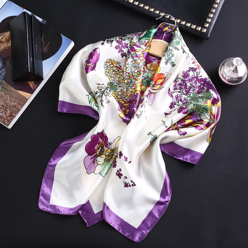 

Women's Square Floral Print Silk Scarf Ladies Shawls and Wraps Small Office Scarf Fashion Foulard Neckerchief Bandana 90*90cm