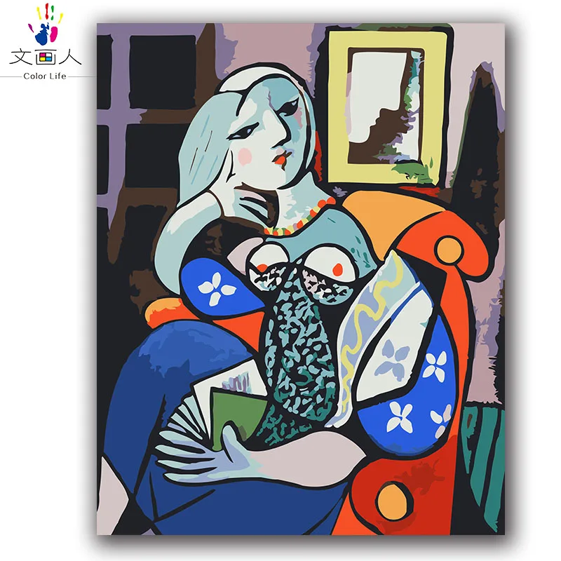 Женщина с книгой Пикассо абстрактные известные картины по номерам с красками на холсте нарисованные красками по номерам hoom Декор - Цвет: 6072 Woman with book