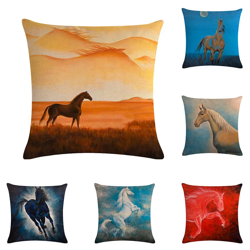 Animal Linen Cushion Cover Horse and Grassland Pillow Case for Sofa Seat Couch Bedroom Decorative Covers Home Living Room Decor