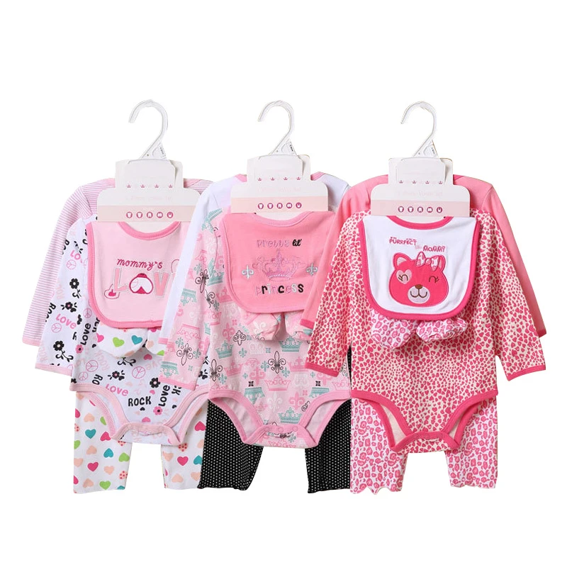 5 шт Комплект для новорожденных детей Комплект для новорожденных мальчиков и девочек Хлопчатобумажная одежда Костюмы для новорожденных Baby Нагрудники+комбинезоны+ брюки+ носки костюм